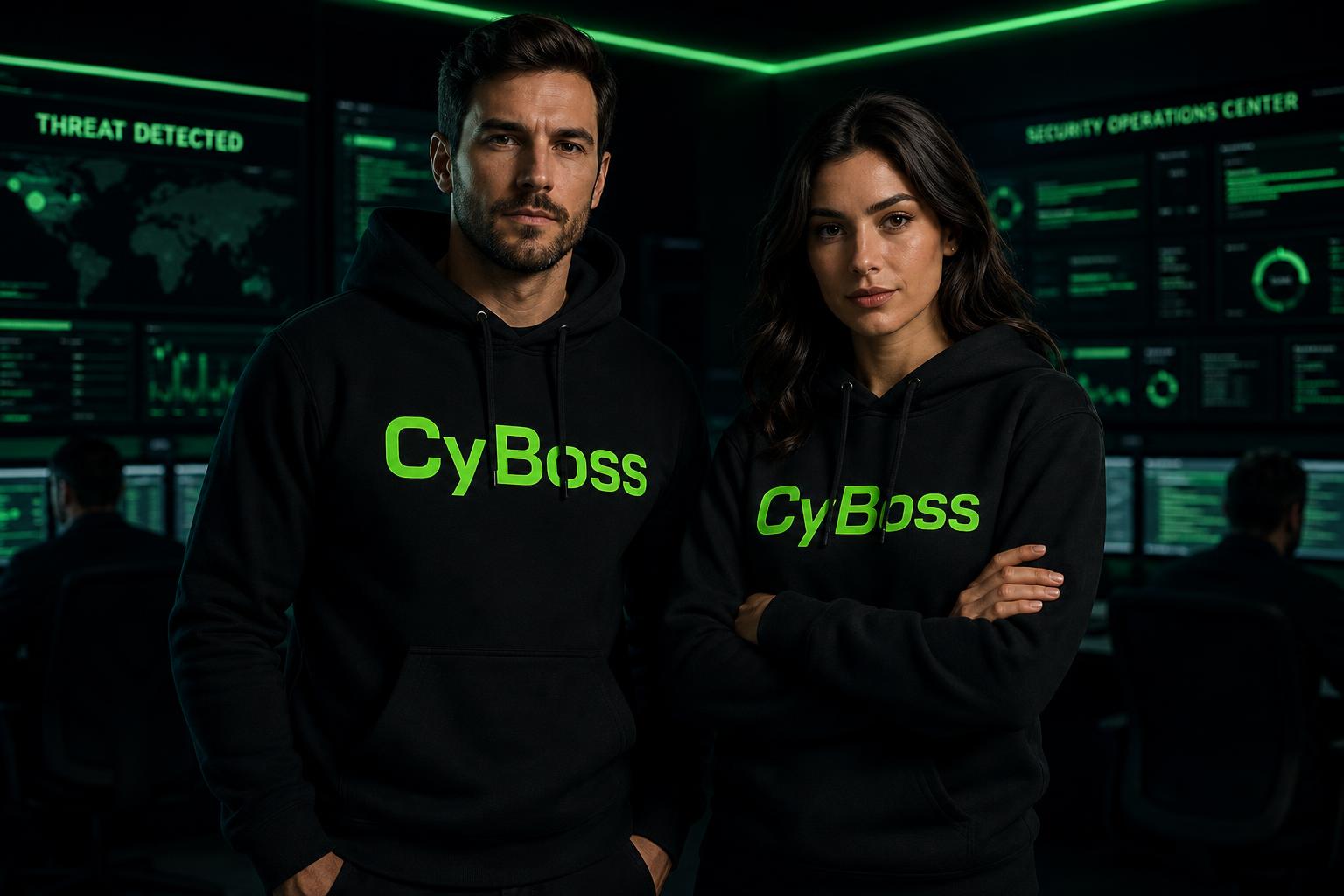 Man and woman wearing black CyBoss hoodies in a Security Operations Center