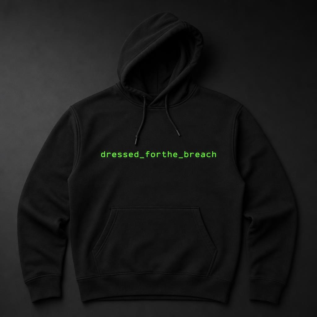 Black hoodie with neon green dressed_forthe_breach wordmark